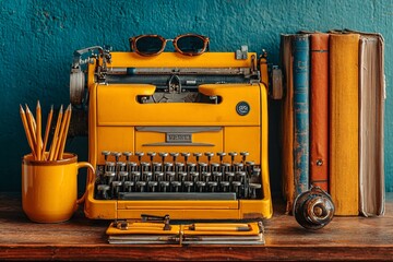Vintage yellow typewriter with books, pencils, and sunglasses, a nostalgic scene evoking classic literature and the art of writing.