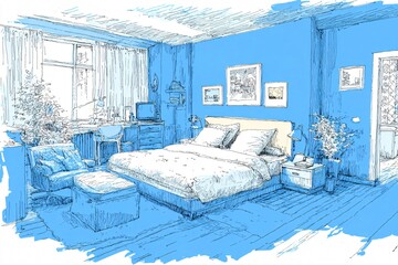 A hand-drawn sketch illustrates a bright, blue-themed bedroom interior with a bed, desk, and comfortable furniture arrangement.