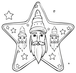 Star with Three Santa Faces for Coloring Pages and Christmas Decorations Black and White