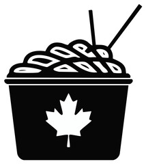 Canadian poutine national food dish icon with a maple leaf symbol on a take out bowl