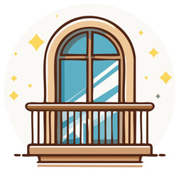Cartoon balcony window with sparkling stars illustration. Architectural illustration.