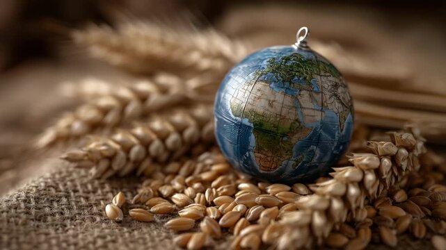 Symbolic arrangement of a classic globe surrounded by wheat ears and golden kernels scattered carefully on burlap, evoking themes of world harvest, sustainability, and global food