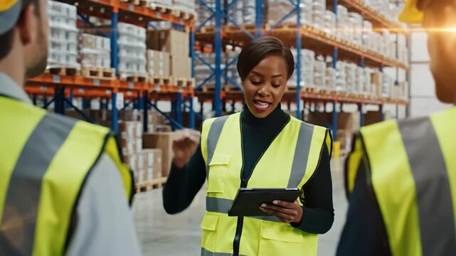 Warehouse worker instructing colleagues using tablet technology