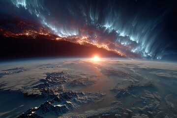 A breathtaking sunrise illuminates the Earth with cosmic clouds creating an awe-inspiring celestial landscape panorama.