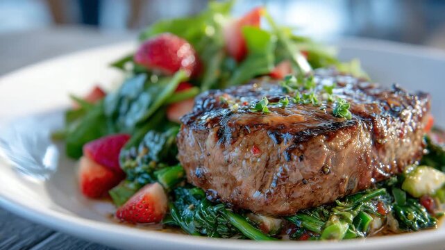 Top-angle food shot of juicy steak, leafy greens, and fresh strawberries placed neatly on a pure white plate, colors vivid and inviting in a clean dining setup