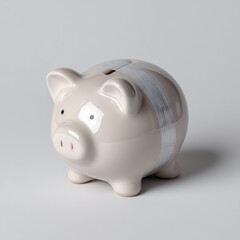 Financial First Aid: A piggy bank wrapped with a bandage hints at a need for financial recovery and care. This image symbolizes financial struggle and the need for savings support.