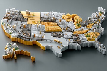 Detailed 3D rendered map of the United States, showcasing states, cities, and a complex highway transportation network.