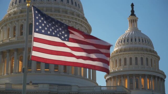 American Flag Waving in Front of US Capitol Building National Landmark Pride and Patriotism