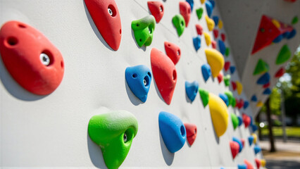 Climbing wall with colorful holds for rock climbing
