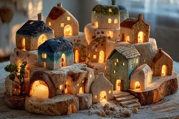 A whimsical and charming village made of toasted bread houses, with warm light shining from their tiny windows.