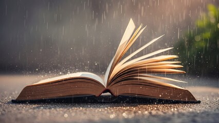 Open book in the rain with pages blowing in the wind
