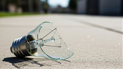 Broken lightbulb shattered on concrete ground
