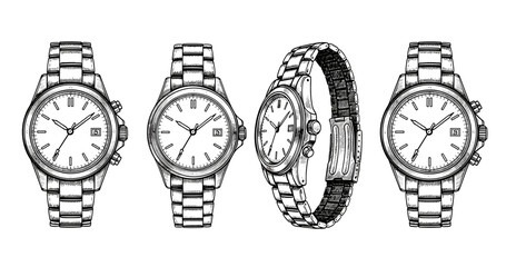 Vintage classic wristwatches with metal bands displayed in various angles