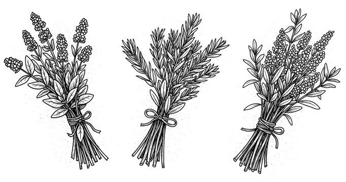 Detailed black and white herb sketches of lavender, rosemary, and thyme