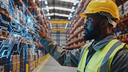 Warehouse worker interacts with digital interface overlay on inventory shelves - Powered by Adobe
