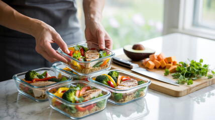 Person arranging meal prep containers filled with grilled chicken and vegetables on countertop
