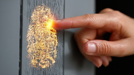 Person interacts with illuminated digital fingerprint scan for access verification