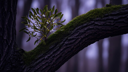 Moss covered tree branch with small plant growing in dark forest with blurred background and purple hue