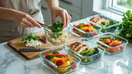 Woman preparing healthy meal with fresh vegetables and grains in glass containers, showcasing meal prep process with vibrant colors and organized kitchen environment for nutritious eating