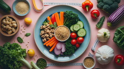 Colorful arrangement of fresh vegetables and grains in a bowl on a pink background, showcasing healthy eating and vibrant food presentation for culinary inspiration and nutrition awareness
