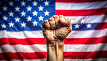 Raised Clenched Fist Against American Flag Backdrop Symbol of Solidarity and Freedom