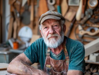 An artisan sits in his workshop, taking a break from crafting wood. He has a thoughtful expression as he looks at the camera. Tools and projects are visible in the background