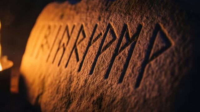 Carved rune stone with flickering torch light during darkness for a pagan winter holiday ritual concept