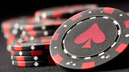 Stacks of dark colored gaming tokens featuring a stylized spade symbol are displayed with shallow depth of field