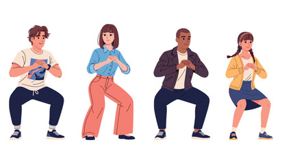 Fototapeta premium Group exercise routine: diverse young individuals performing squats