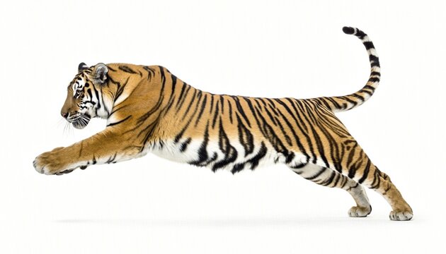 Dynamic Tiger Leaping Mid-Air on White Background
