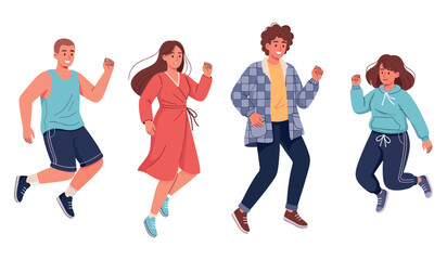 Fototapeta premium Group of diverse young adults jumping with joy in casual outfits