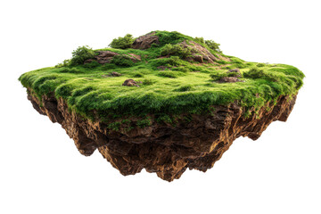 Floating island with greenery and rocks above a white background in a simple visual scene