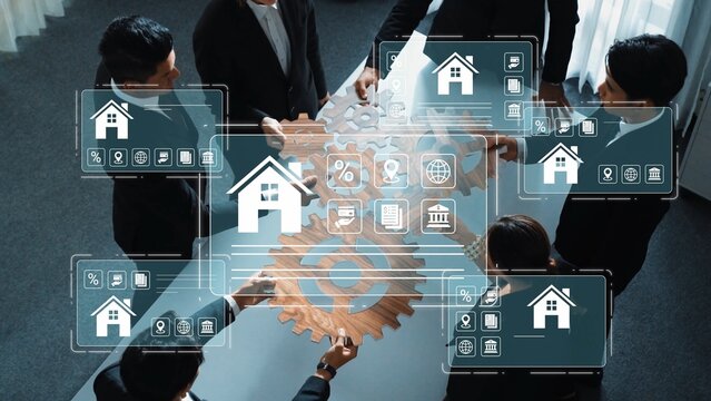 Collaborative Business Meeting with Digital Overlay Representing Real Estate Concepts and Data in a Modern Office Environment Gluon. - Powered by Adobe