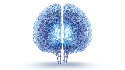 A blue wireframe model of a brain on a white background