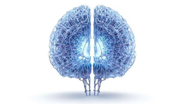 A blue wireframe model of a brain on a white background - Powered by Adobe
