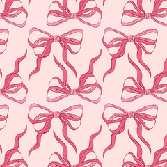 Seamless repeating pattern with hand drawn pink ribbon bows on soft pastel background. Cute romantic design for Valentine gift wrap, textiles, wallpapers, cards, packaging and feminine branding.