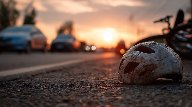 A helmet lies on asphalt, reflecting the accident, during a sunset. A bicycle and cars are visible