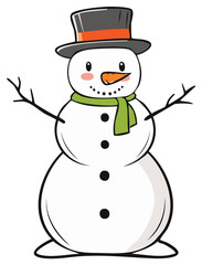 Friendly Snowman with Top Hat and Scarf Winter Festive Graphic Element