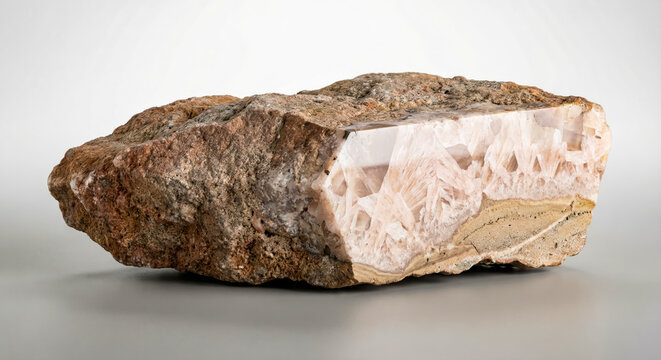 Sedimentary laumontite sandstone specimen containing white zeolite mineral clusters within a porous weathered siliciclastic rock matrix.