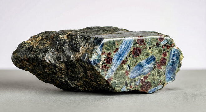 A collectible geological specimen of kyanite eclogite metamorphic rock with blue kyanite bladed crystals, red garnet and green omphacite, visible on polished section.