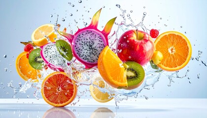 Burst of fresh fruit and water droplets, mid-air against a light blue backdrop