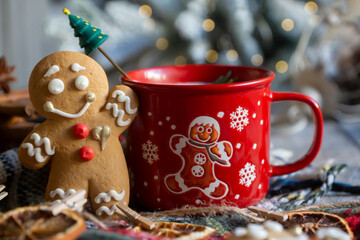 New Year's treats on the table and the symbol of the new 2026: a horse, tea, coffee, gingerbread and zephyr.
