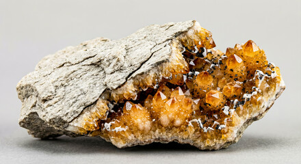 Small yellow secondary citrine crystals developed on a massive grey quartzite metamorphic rock substrate
