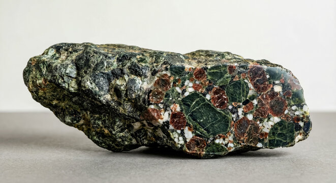 A collectible geological specimen of eclogite with vibrant green omphacite and rounded red garnet grains on a cut polished face