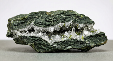 A collectible geological specimen of white alpine type albite crystals growing inside a narrow fissure of a foliated metamorphic schist rock
