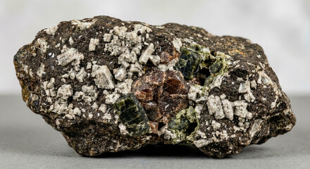 Calcium rich anorthite plagioclase crystals embedded within a dark green contact skarn metamorphic rock mineralogical specimen.