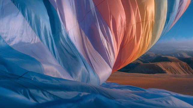 Tight close-up on the paraglider canopy fabric inflating with a dramatic whoosh, vibrant ripstop nylon catching sunlight as lift begins &mdash; aerodynamic tension and the moment flight comes alive.