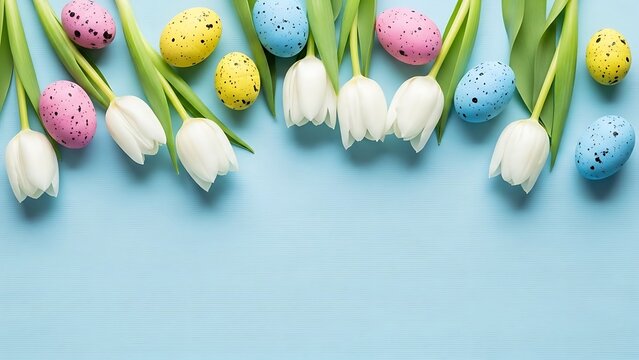 White tulips and colorful easter eggs on blue wooden background, top view, flat lay, pastel colors