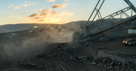A large bucket wheel excavator in a lignite brown coal mine