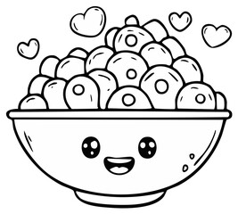 Fototapeta premium Kawaii Breakfast Cereal Bowl with Heart Outlines Coloring Page Line Art